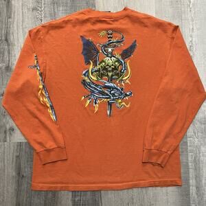 VTG Top Heavy Y2K Dragon Dagger Long Sleeve Orange JNCO Flames Skater Shirt XL